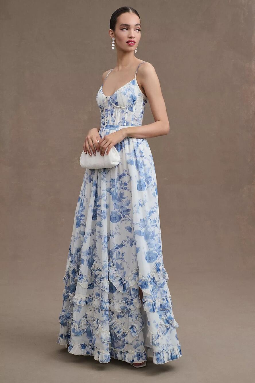 V. Chapman Carmen Corset blue & white Front-Slit Ruffled Gown NWT size 4 $525